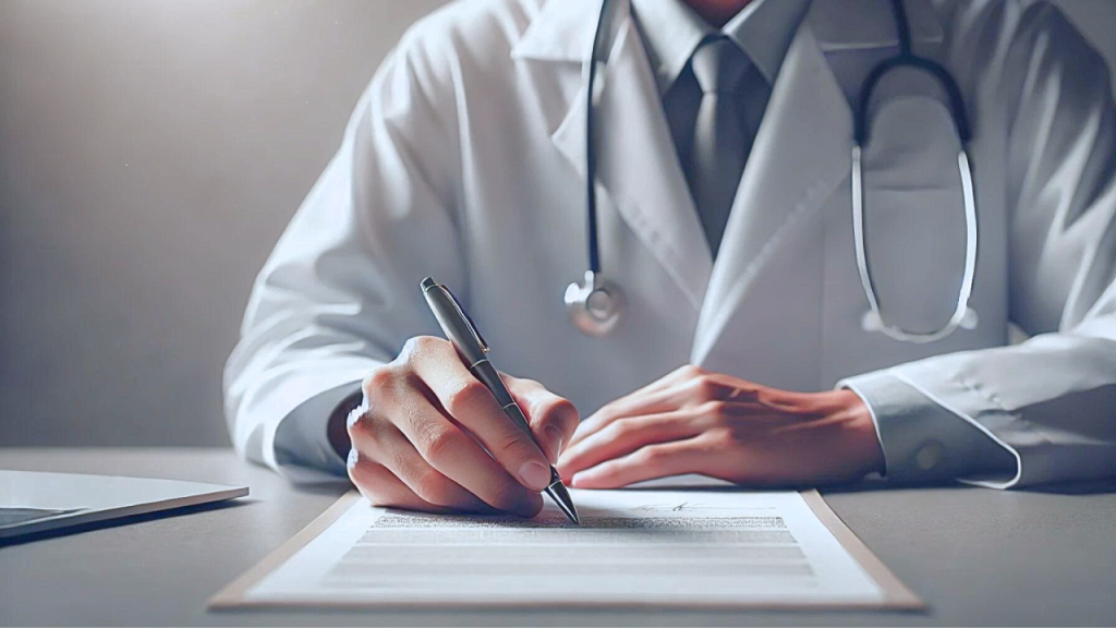 Médico firmando un contrato en su escritorio