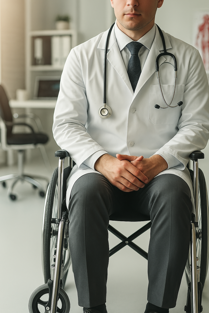 Médecin handicapé dans un fauteuil roulant, sur son lieu de travail.