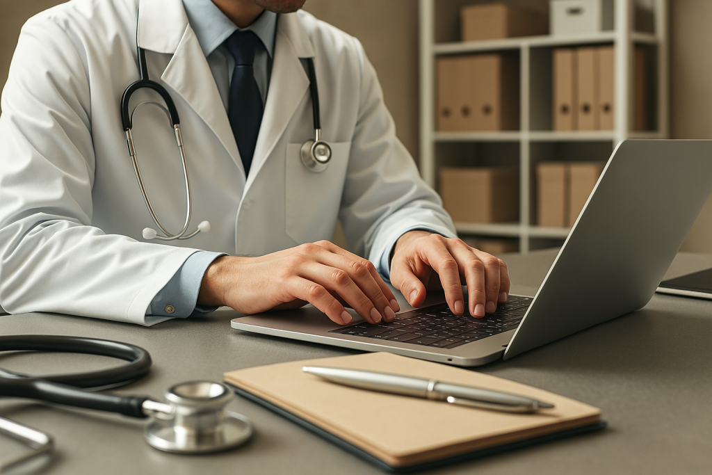 Médecin sur son ordinateur, se préparant à une téléconsultation.
