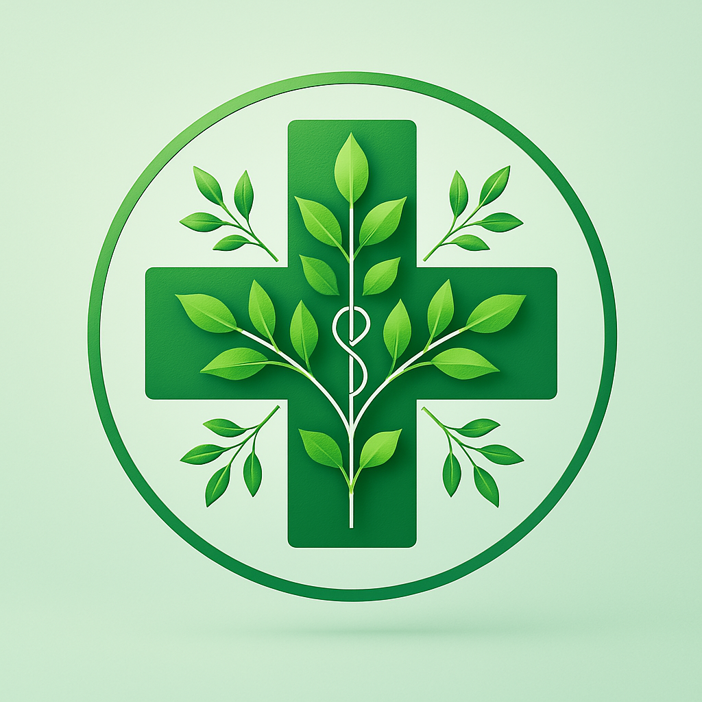 Croix verte de la médecine, entourée de plantes.
