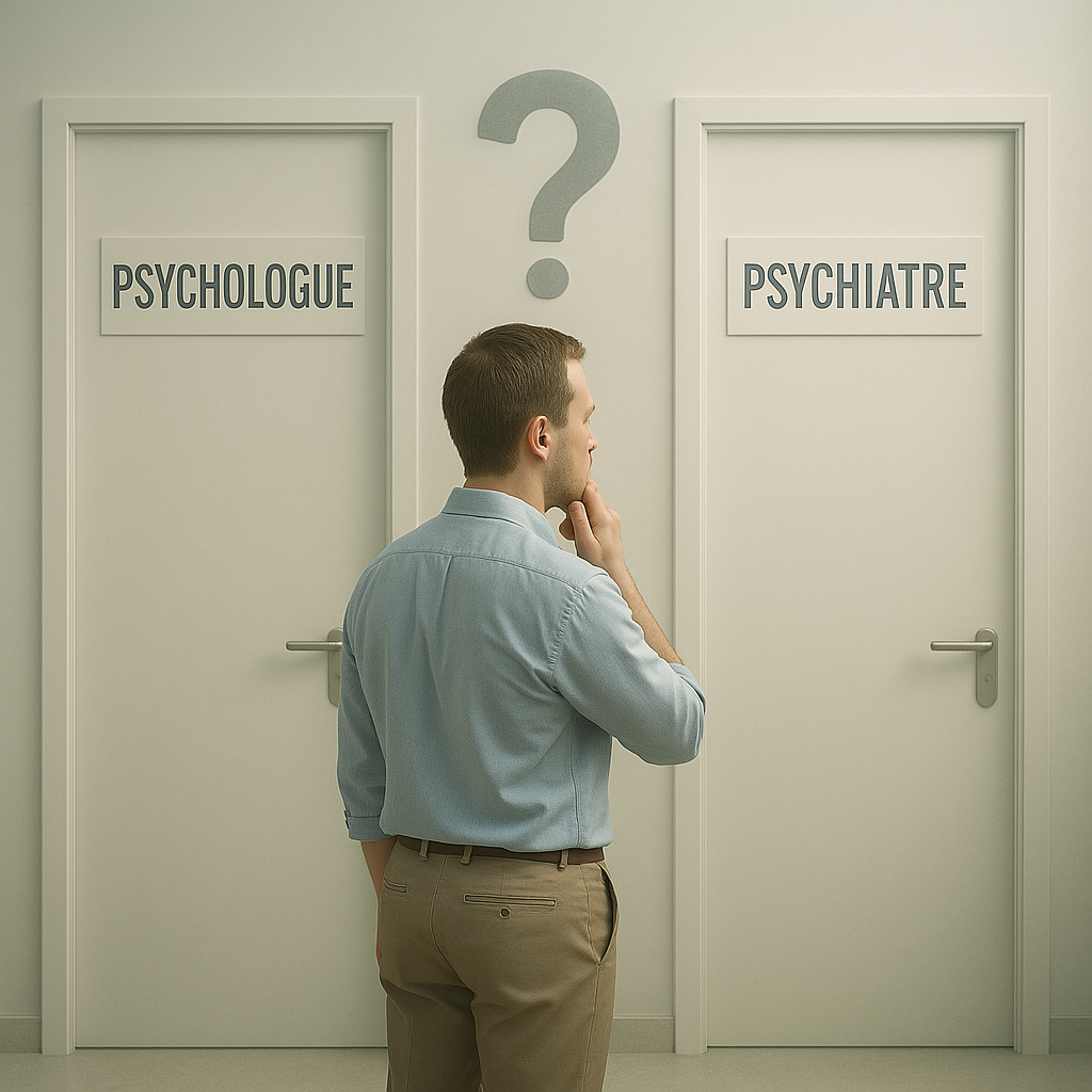 Homme hésitant entre psychologue et psychiatre