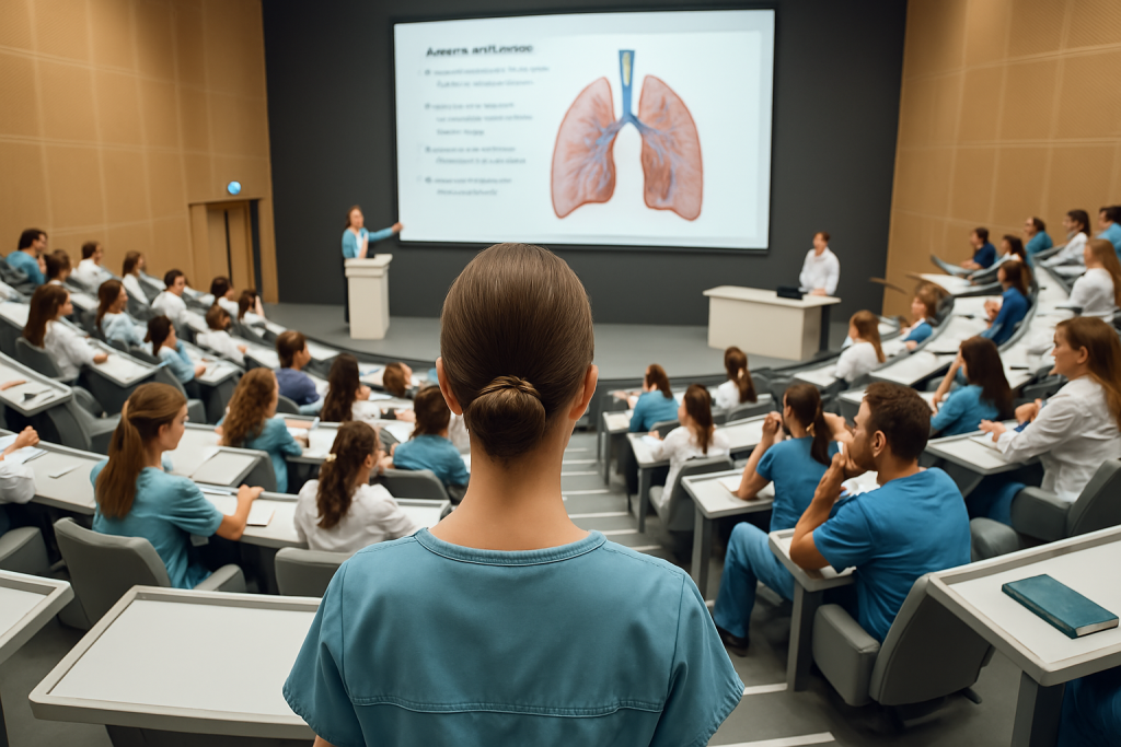 Infirmière étudiante assistant à un cours magistral.