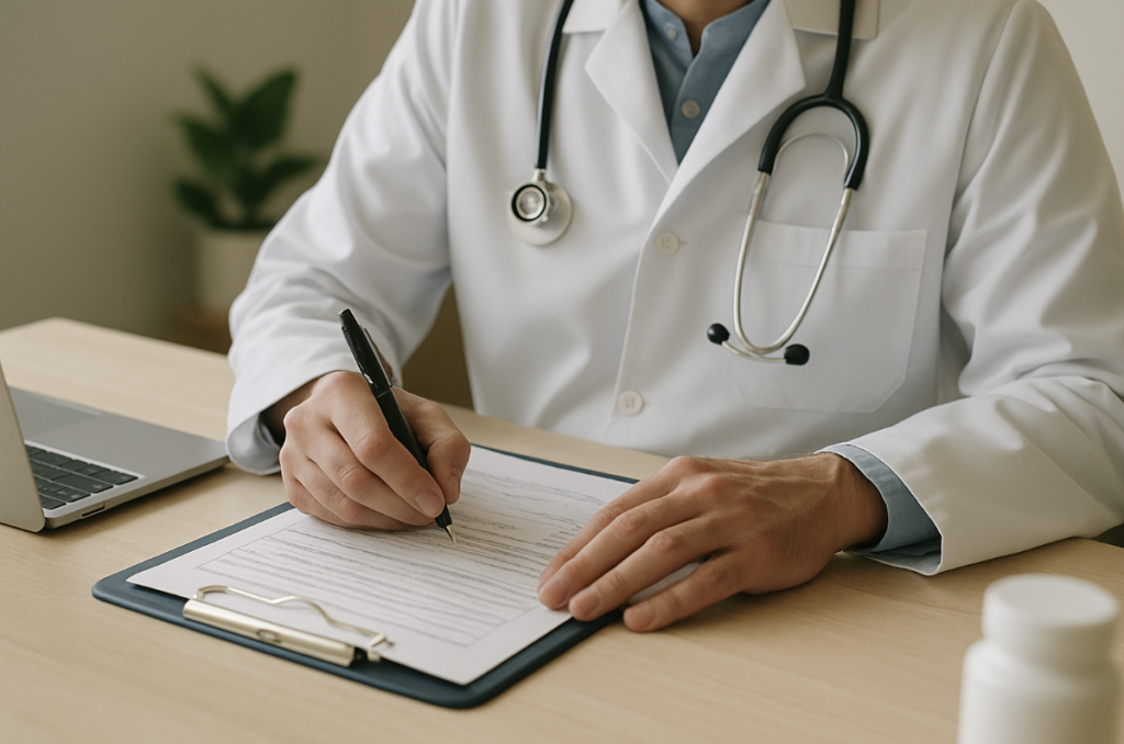 Docteur remplissant des papiers administratifs