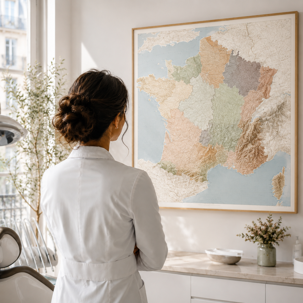 Femme médecin étudiant une carte de la France